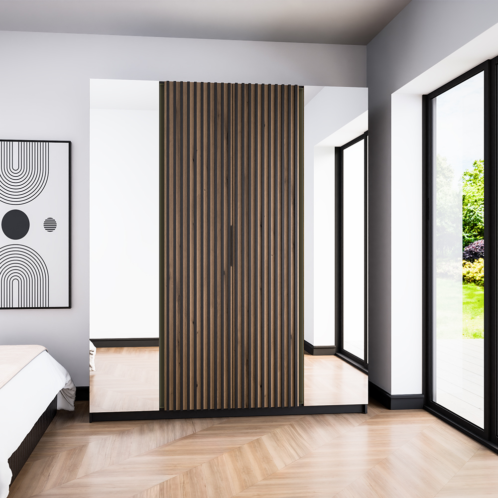 Šatní skříň KAJA 2LU 2LAM | 200 cm | se zrcadly | VYSOKÁ | černá/evoke + lamely