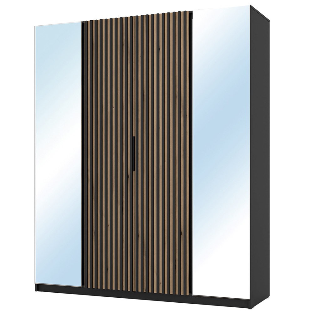 Šatní skříň KAJA 2LU 2LAM | 200 cm | se zrcadly | VYSOKÁ | černá/evoke + lamely