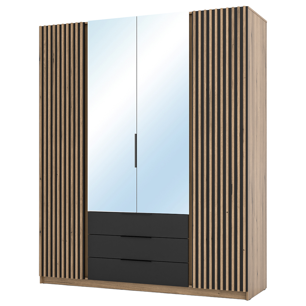 Šatní skříň KAJA 2LAM 2LU 3S | 200 cm | se zrcadly | VYSOKÁ | evoke/černá + lamely