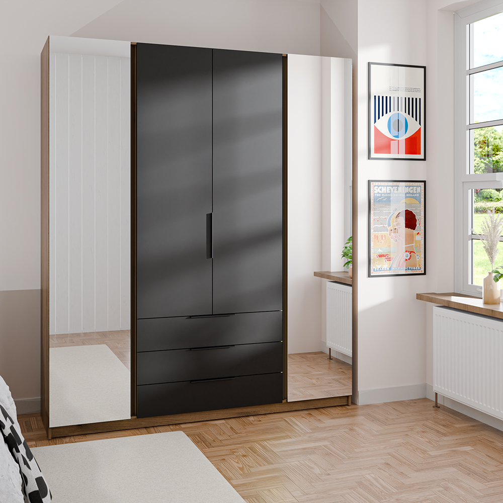 Šatní skříň KAJA 2LU 2F 3S | 200 cm | se zrcadly | VYSOKÁ | evoke/černá