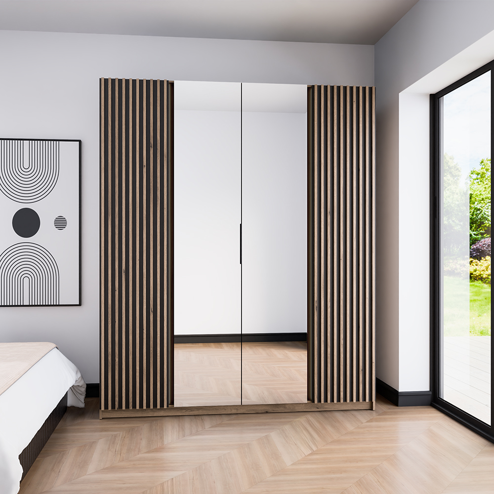 Šatní skříň KAJA 2LAM 2LU | 200 cm | se zrcadly | VYSOKÁ | evoke/černá + lamely