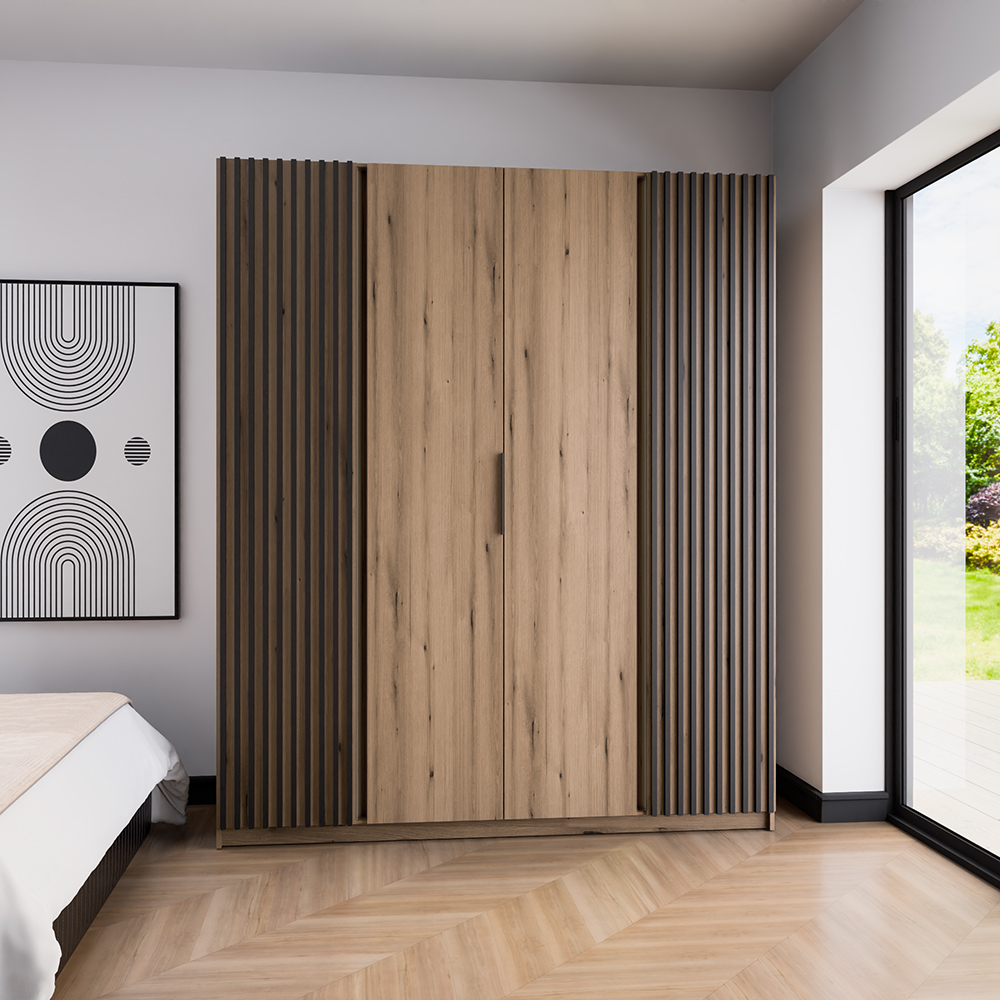 Šatní skříň KAJA 2LAM 2F | 200 cm | bez zrcadla | VYSOKÁ | evoke + černé lamely