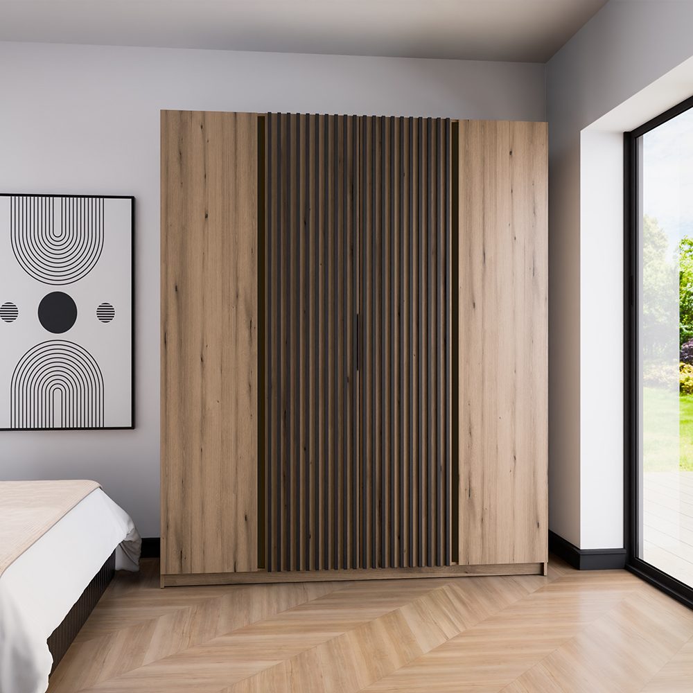 Šatní skříň KAJA 2F 2LAM | 200 cm | bez zrcadla | VYSOKÁ | evoke + černé lamely