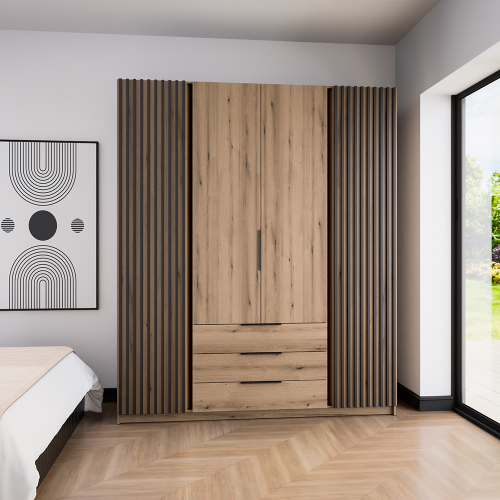 Šatní skříň KAJA 2LAM 2F 3S | 200 cm | bez zrcadla | VYSOKÁ | evoke + černé lamely
