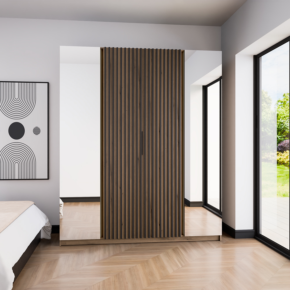 Šatní skříň KAJA 2LU 2LAM | 200 cm | se zrcadly | VYSOKÁ | evoke + černá amely