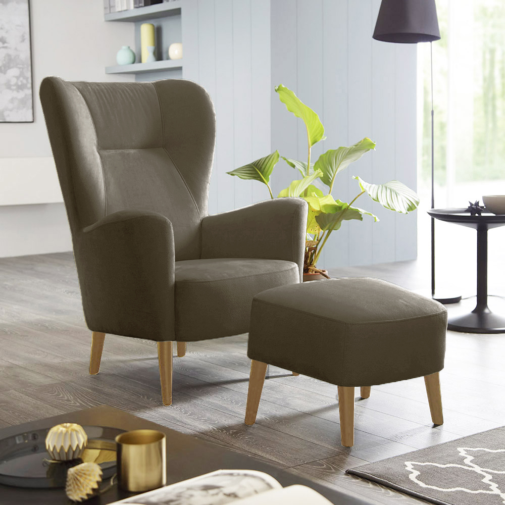 Křeslo ušák s podnožkou Next | soro 24 hnědošedá | nohy buk | POSLEDNÍ KUS Z PRODEJNY