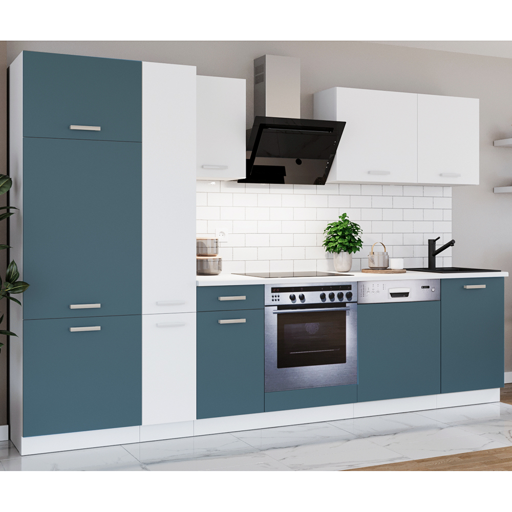 Kuchyňská linka TONI | 300 cm | S PRACOVNÍ DESKOU | bílá/skaggerak modrá