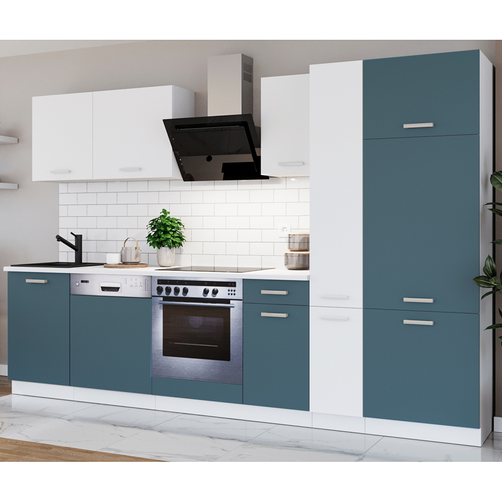 Kuchyňská linka TONI | 300 cm | S PRACOVNÍ DESKOU | bílá/skaggerak modrá