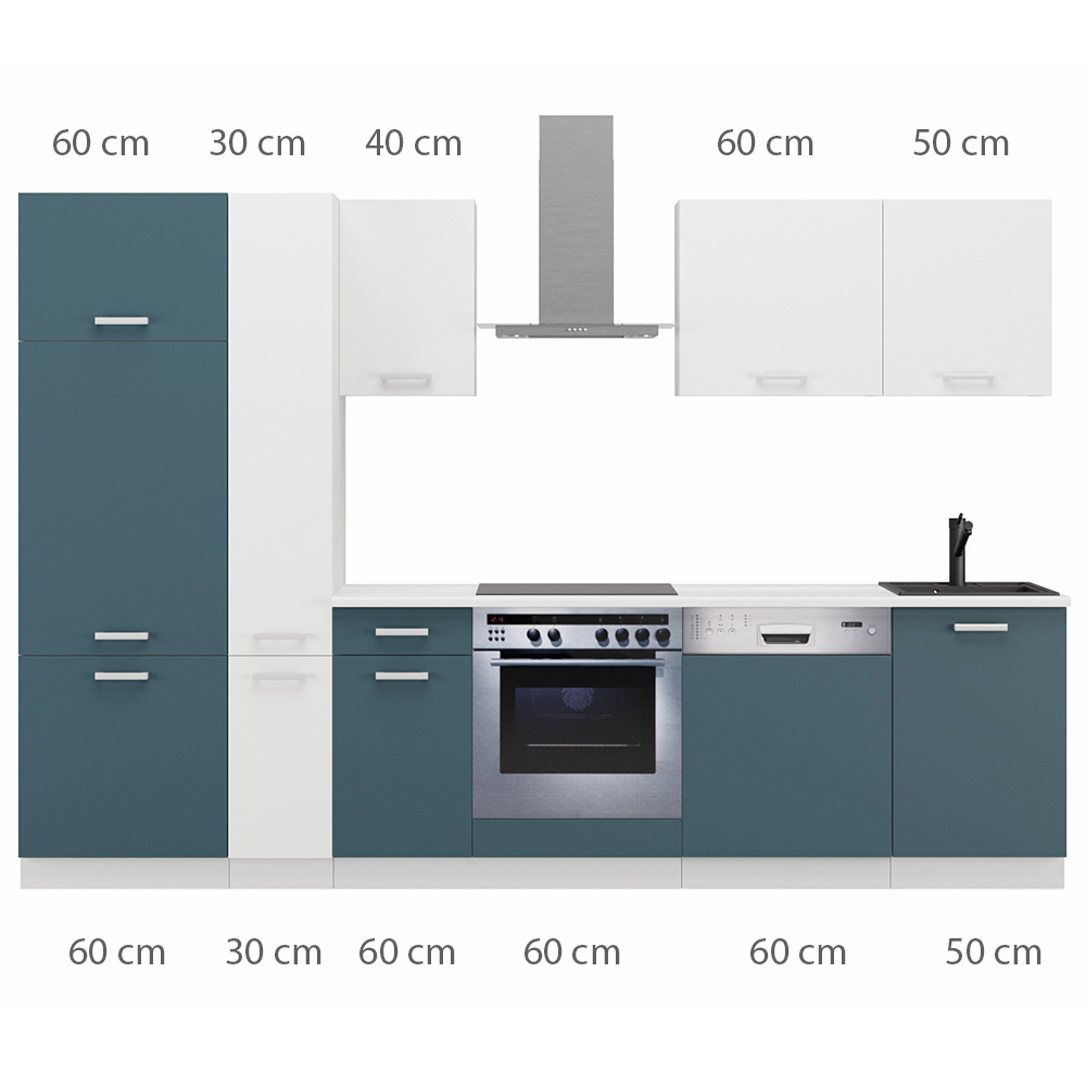 Kuchyňská linka TONI | 300 cm | S PRACOVNÍ DESKOU | bílá/skaggerak modrá