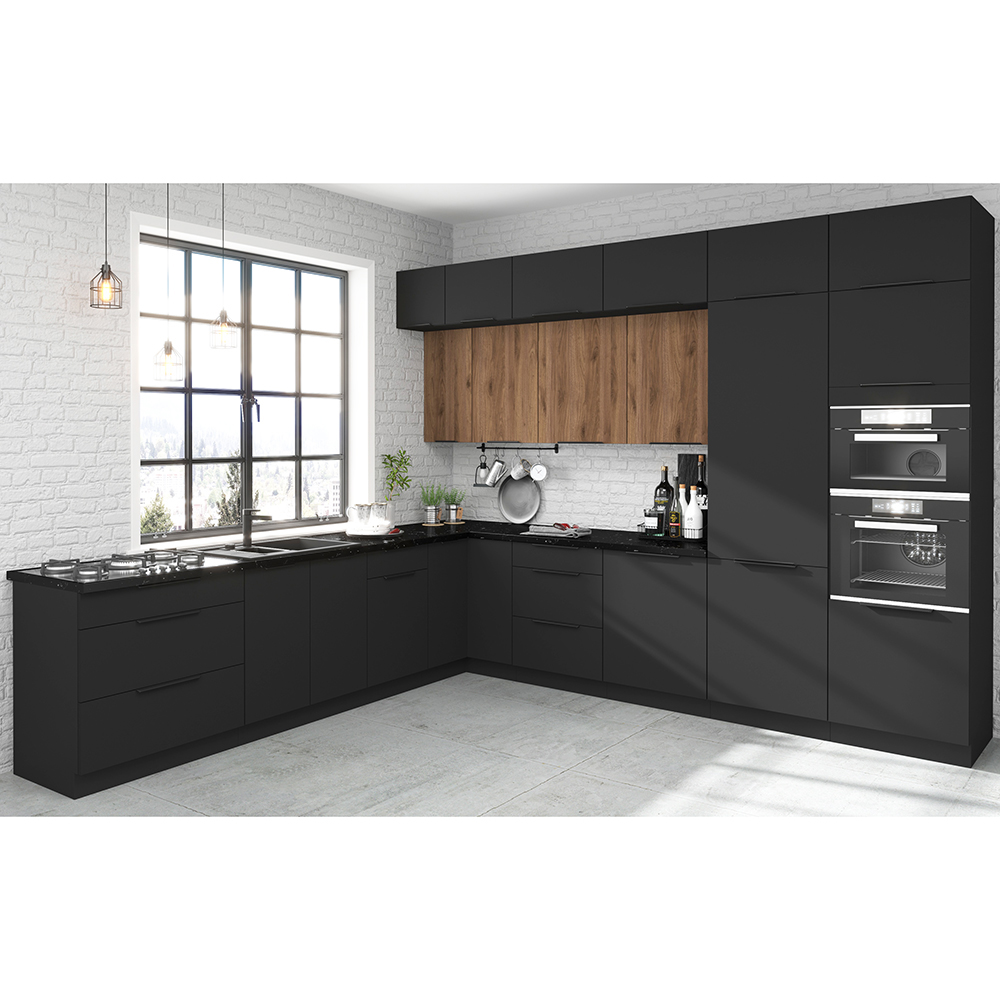 Kuchyňská linka SIENA a | 330x300 cm | UNI dvířka | PREMIUM BOX | černá/ořech okapi