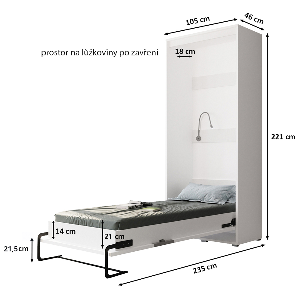Výklopná postel HOME | 90x200 cm | NOSNOST až 100kg | čelní výklop | + 1 LAMPIČKY | bílá/černá