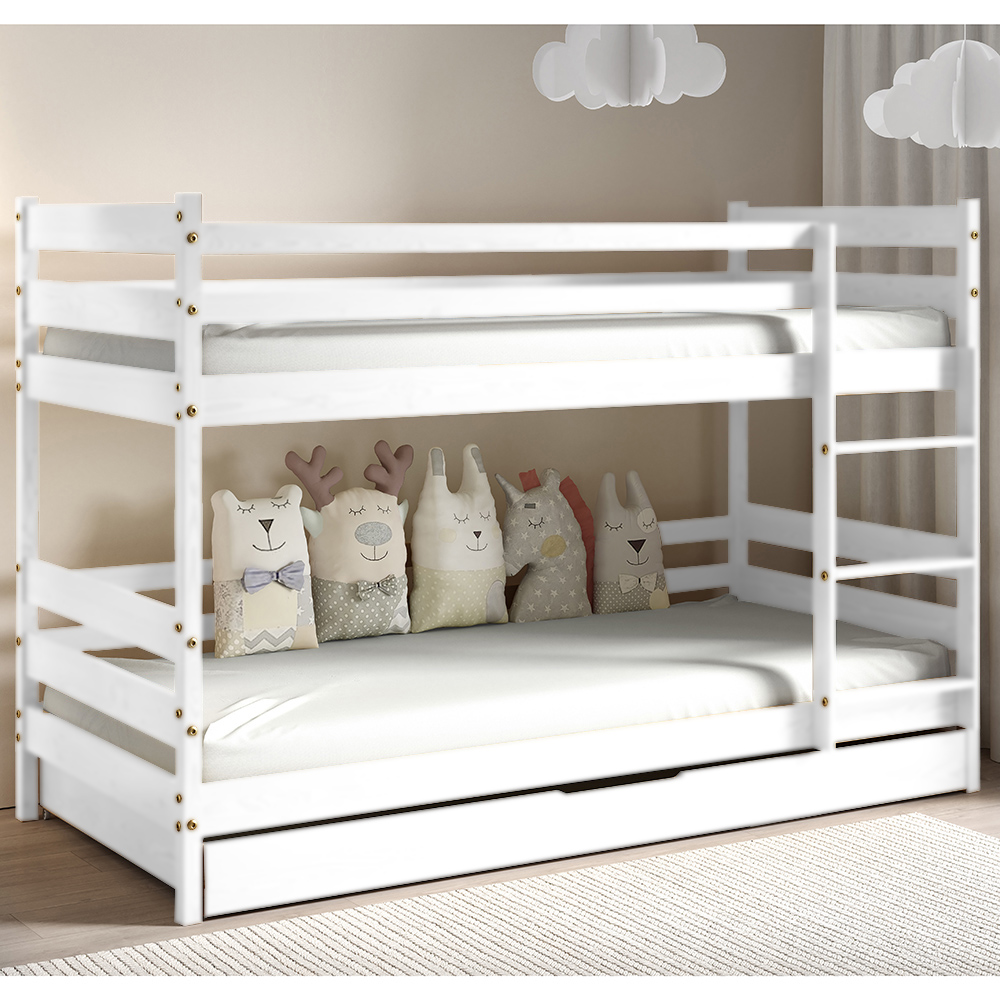 Patrová dětská postel PUKO | 80x160 cm 2x | + rošty, matrace, zásuvka | UNI | bílá