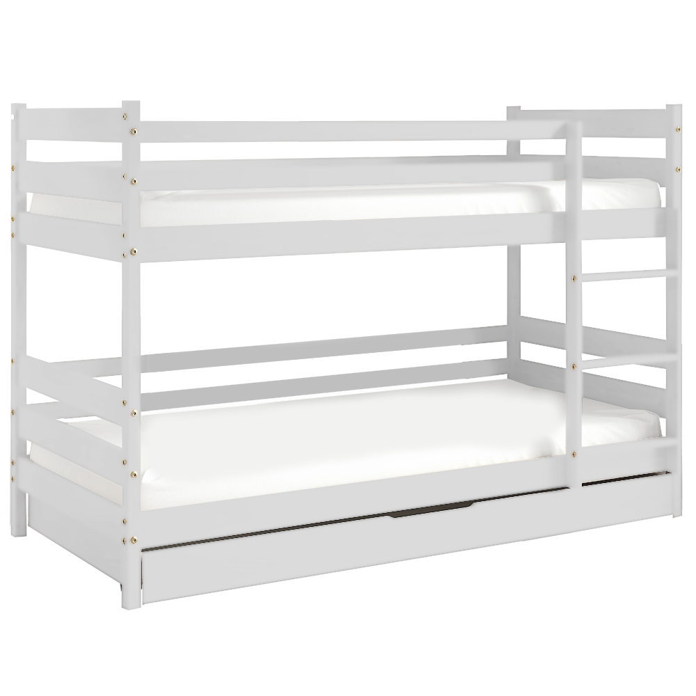 Patrová dětská postel PUKO | 80x160 cm 2x | + rošty, matrace, zásuvka | UNI | bílá