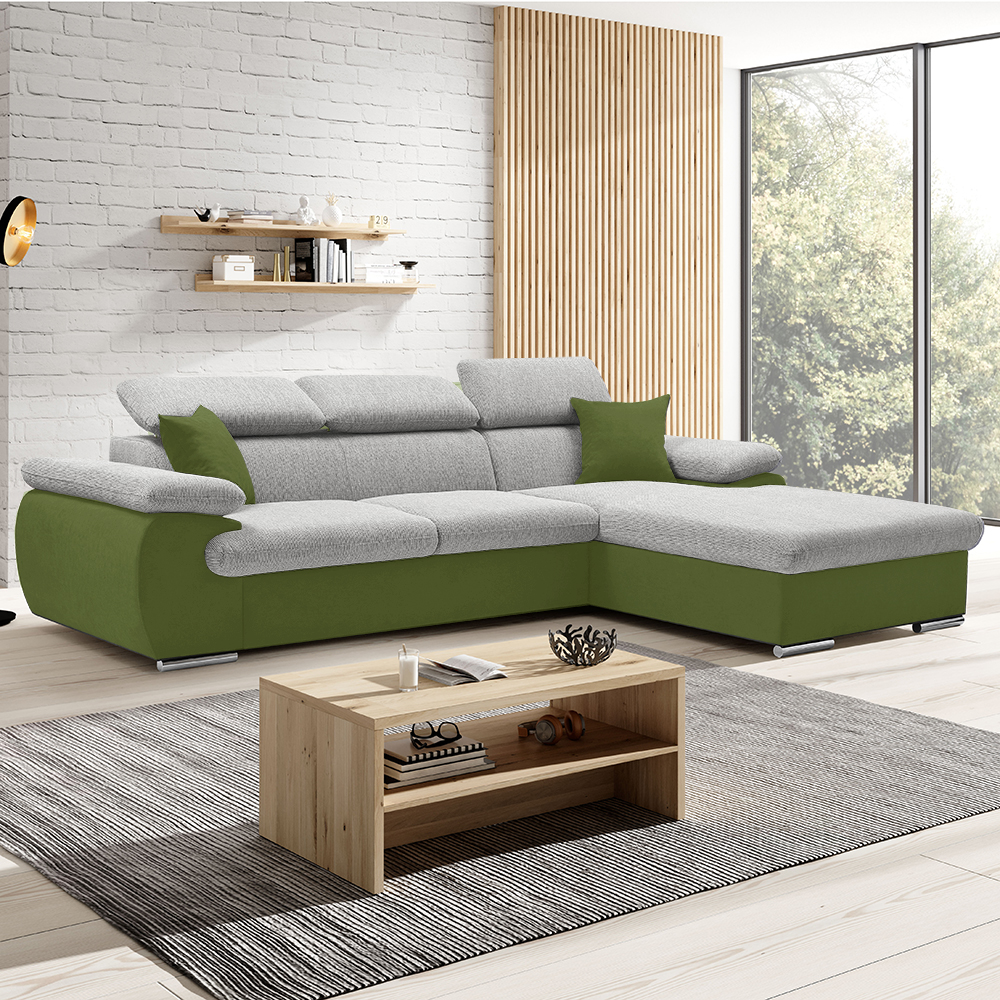 Sedací souprava COOL | 281x191 cm | rozkládací + úložný prostor | PRAVÁ | světle šedo zelená 18/09