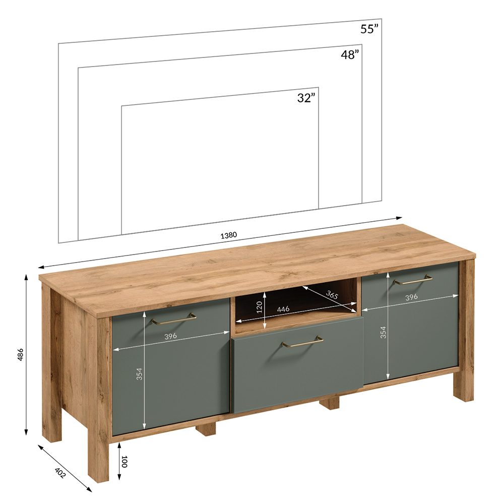 INDYGO z | TV stolek RTV1S | 138 cm | dub wotan/zelená