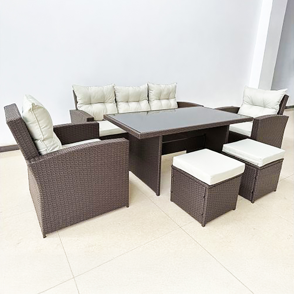 Zahradní sestava k sezení BOB | pohovka + 2 křesla + 2 taburety + stolek | umělý ratan | béž./hnědá | ABI8805