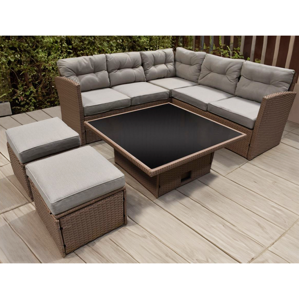 Zahradní sestava k sezení BOB II | rohová sedačka + 2 taburety + stolek | umělý ratan | krémová/hněd | ABI8205