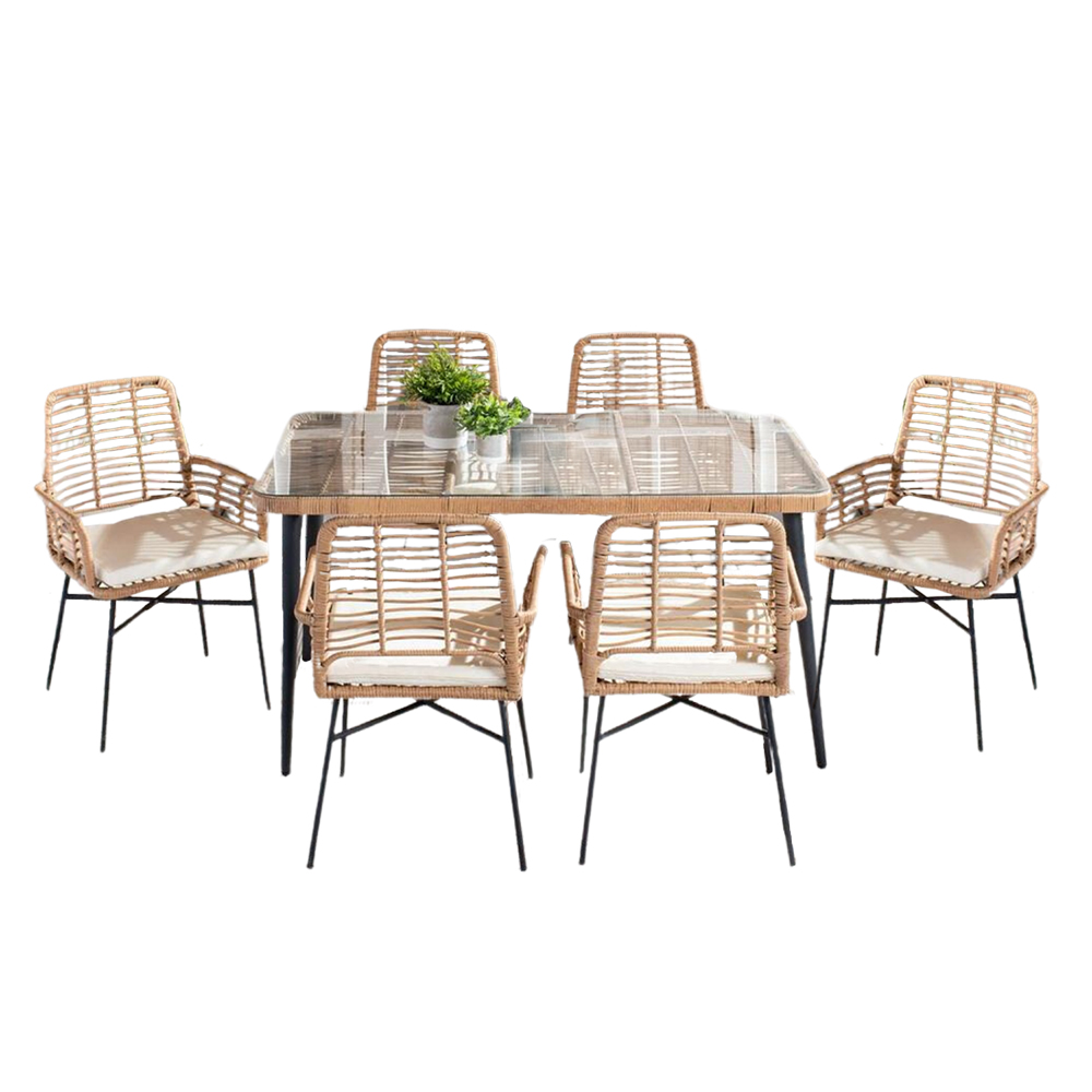 Zahradní sestava k sezení GOBI I | stůl + 6 židlí křesílek | béžová/hnědá | ABI7466