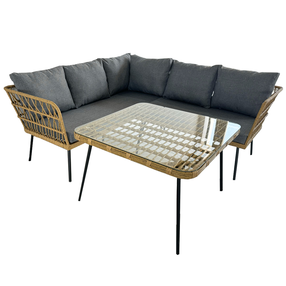 Zahradní sestava k sezení KALAHARI | stůl + rohová sedačka | šedá/hnědá | polstrování v ceně | ABI3354