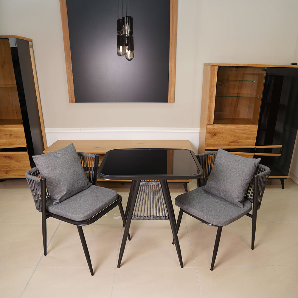 Zahradní sestava k sezení ORFU | stůl + 2x židle křeslo | šedá | úplné zasunutí židlí pod stůl