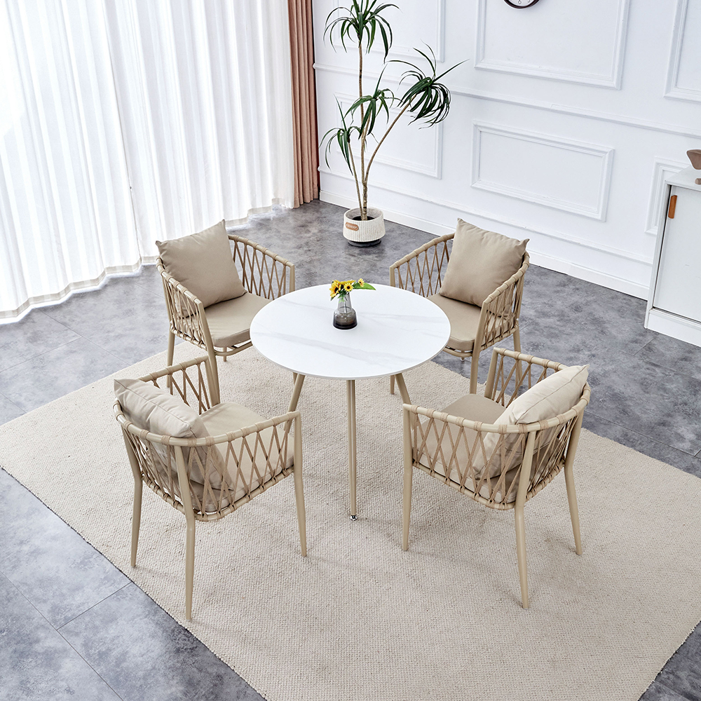 Zahradní sestava MAME D | 1x stůl MELODY ⌀ 80 x 71 cm + 4x židle MADERA s polstrováním | béžová/bílá