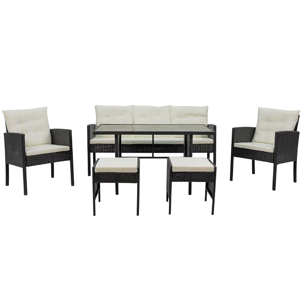 Zahradní sestava k sezení VADUZ | stůl + pohovka + 2x křeslo + 2x taburet + polstry | černá/krémová | SAD9583