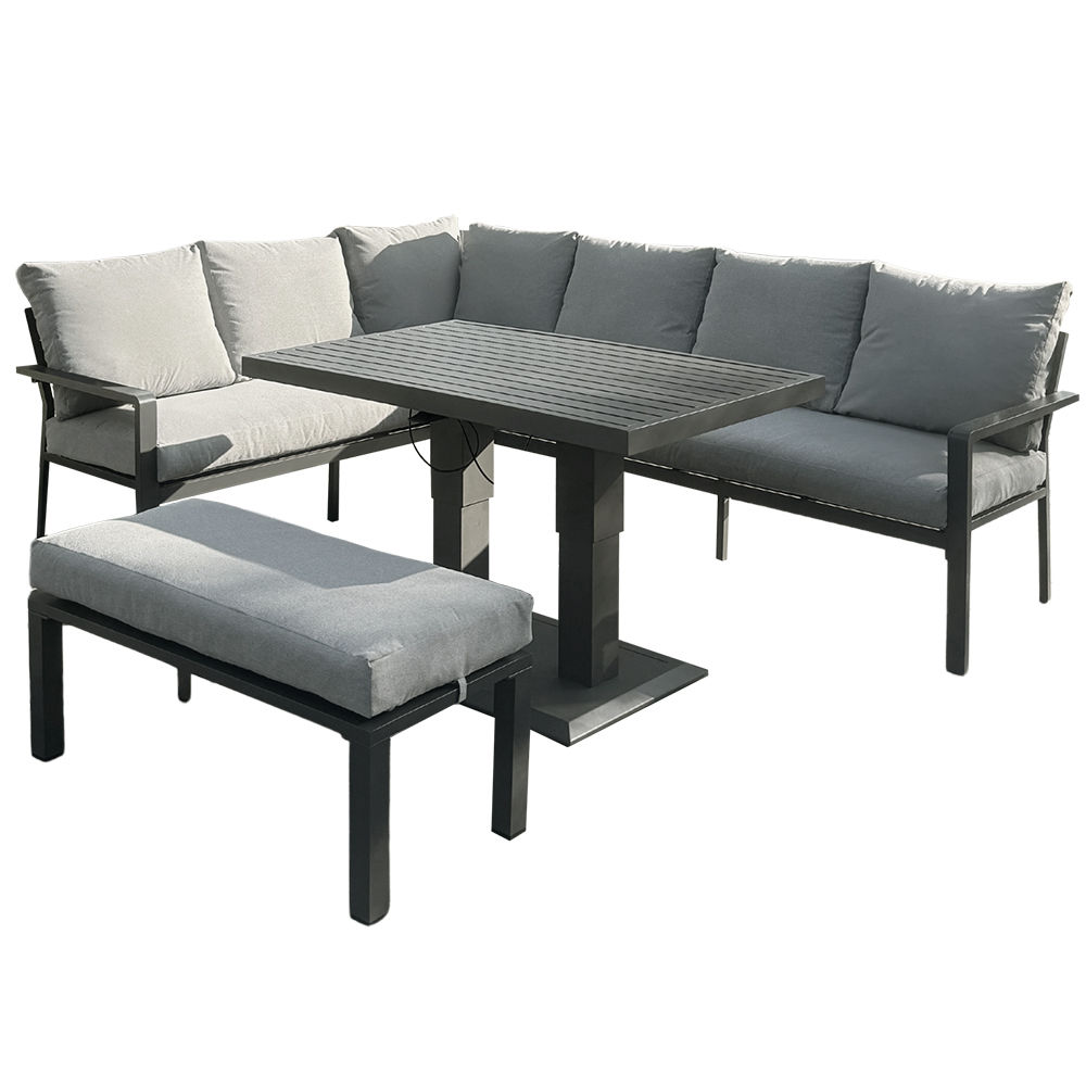 Zahradní sestava k sezení KAVANO | stůl + rohová sedačka + taburet | hliník/šedá | polstry v ceně | ALM9422