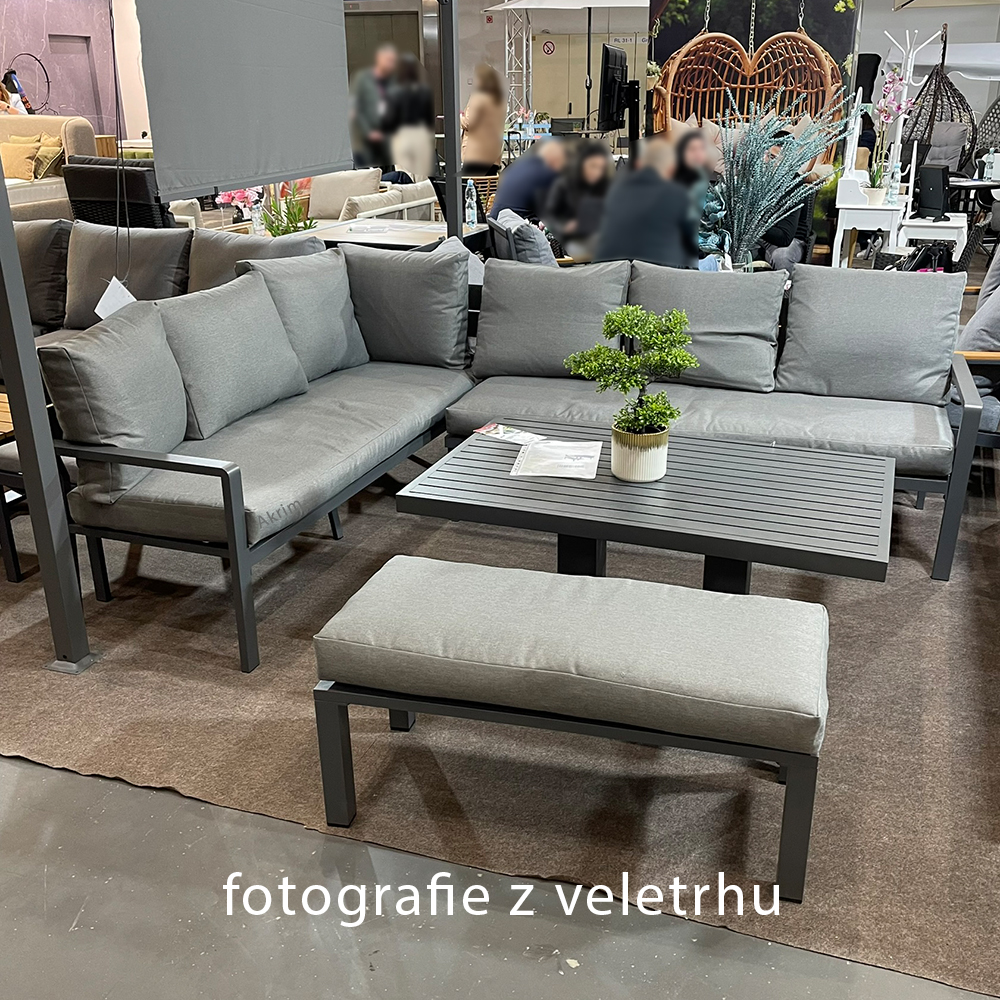 Zahradní sestava k sezení KAVANO | stůl + rohová sedačka + taburet | hliník/šedá | polstry v ceně | ALM9422