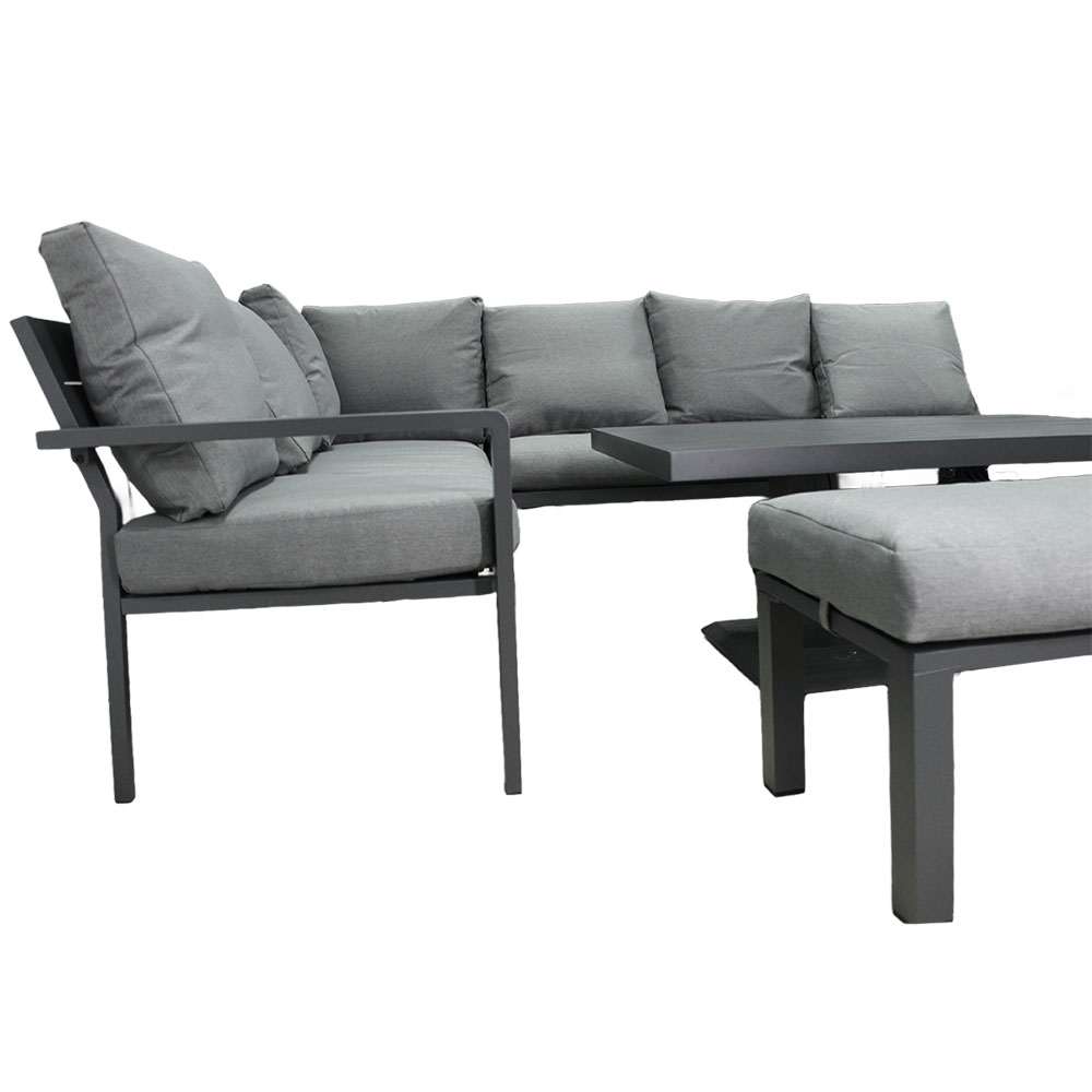 Zahradní sestava k sezení KAVANO | stůl + rohová sedačka + taburet | hliník/šedá | polstry v ceně | ALM9422