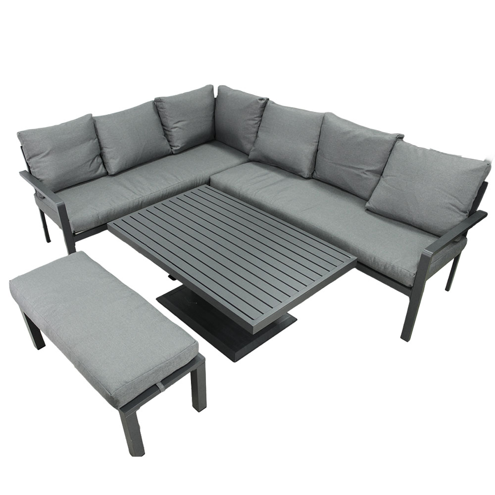 Zahradní sestava k sezení KAVANO | stůl + rohová sedačka + taburet | hliník/šedá | polstry v ceně | ALM9422