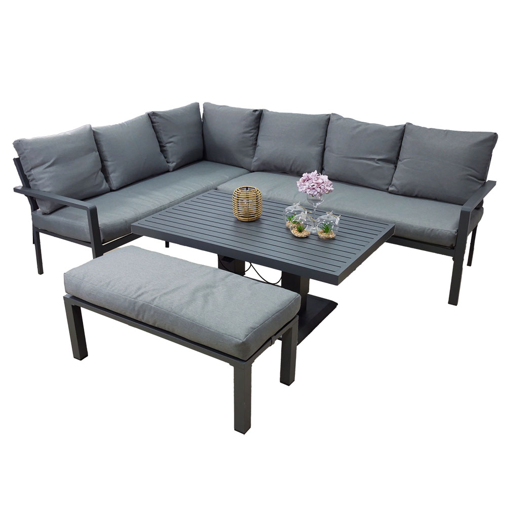 Zahradní sestava k sezení KAVANO | stůl + rohová sedačka + taburet | hliník/šedá | polstry v ceně | ALM9422