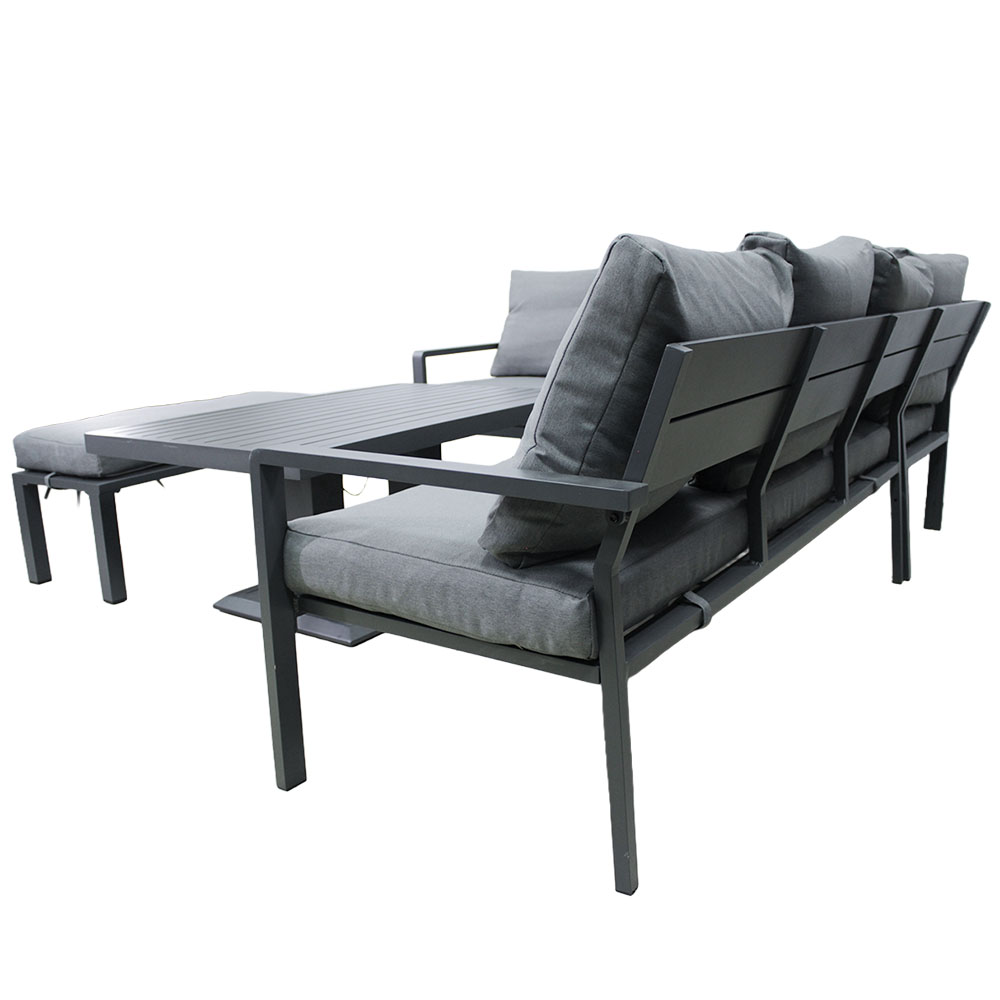 Zahradní sestava k sezení KAVANO | stůl + rohová sedačka + taburet | hliník/šedá | polstry v ceně | ALM9422