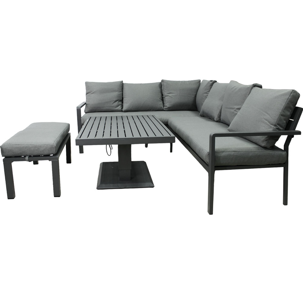 Zahradní sestava k sezení KAVANO | stůl + rohová sedačka + taburet | hliník/šedá | polstry v ceně | ALM9422