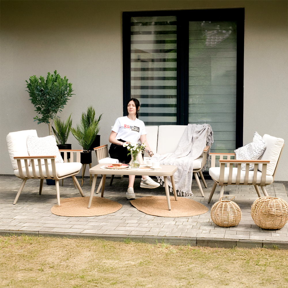 Zahradní sestava k sezení VARUNA | stolek + pohovka + 2 křeslo | béžová/hliník | polstrování v ceně | ALM9408