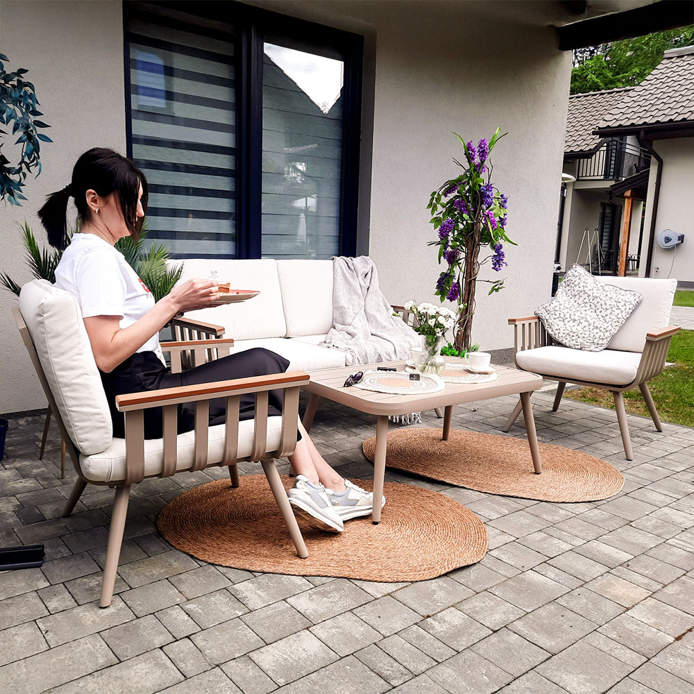 Zahradní sestava k sezení VARUNA | stolek + pohovka + 2 křeslo | béžová/hliník | polstrování v ceně | ALM9408