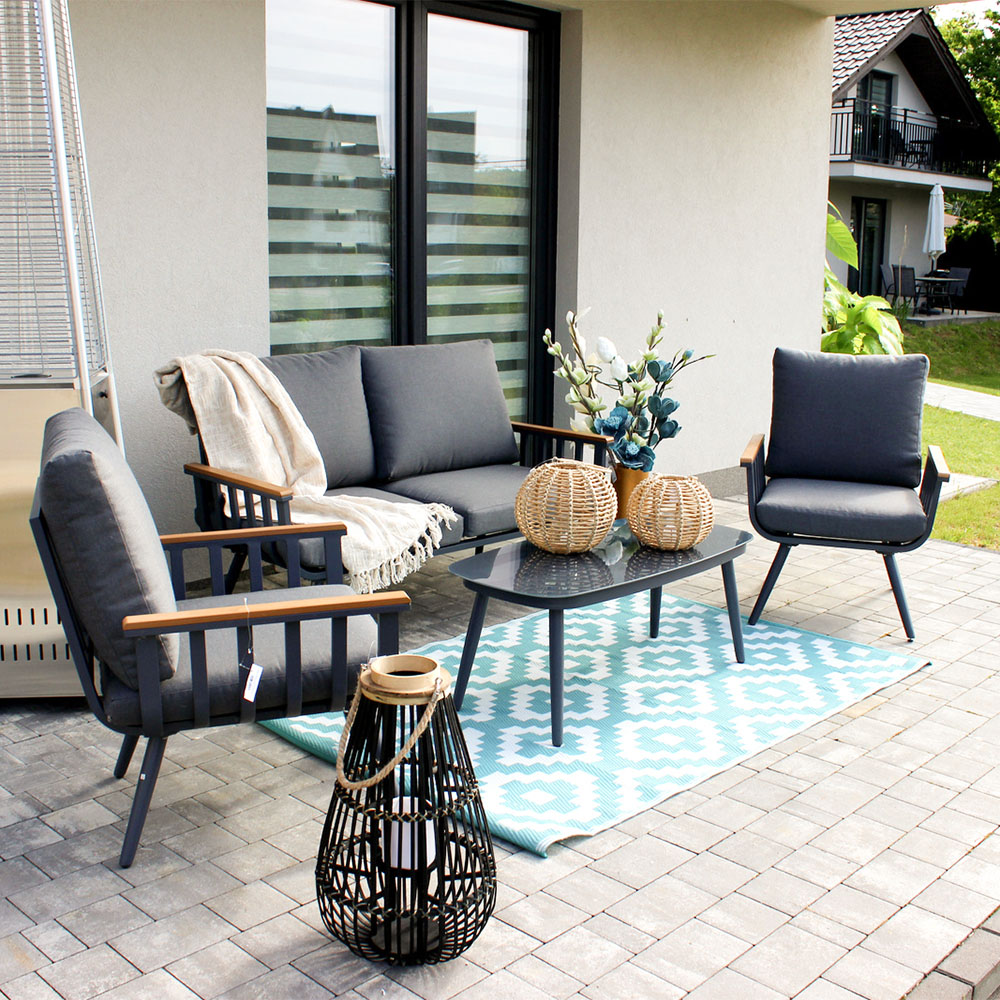 Zahradní sestava k sezení VAREMO | stolek + pohovka + 2 křeslo | šedá/hliník | polstrování v ceně | ALM8151