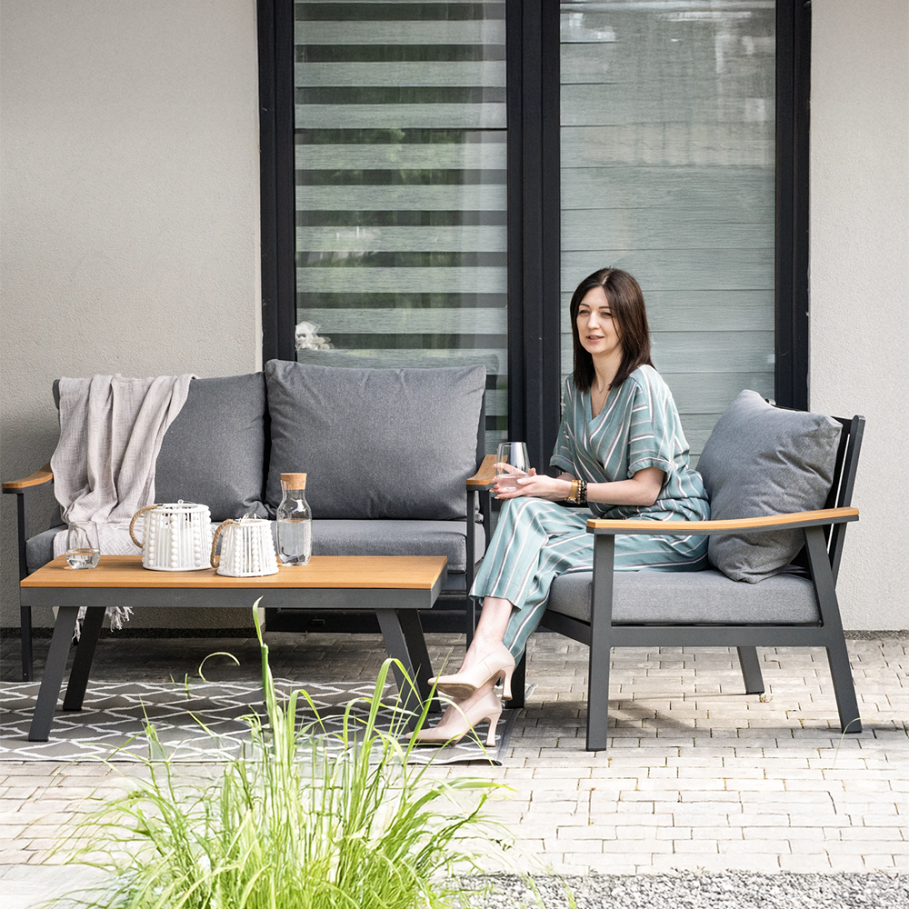 Zahradní sestava k sezení LUBLANA | stolek + pohovka + 2 křeslo | šedá/hliník | polstrování v ceně | ALM9545