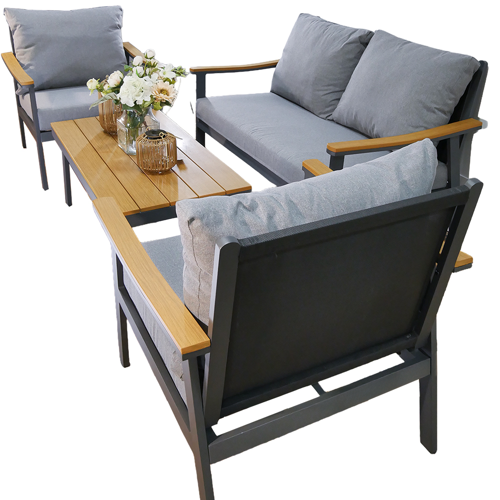 Zahradní sestava k sezení LUBLANA | stolek + pohovka + 2 křeslo | šedá/hliník | polstrování v ceně | ALM9545