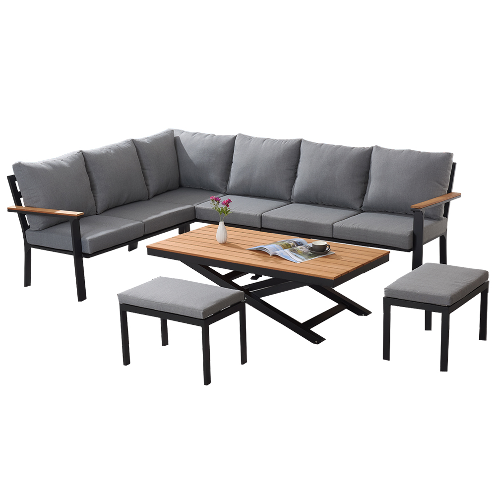 Zahradní sestava k sezení TEVARA | stůl + rohová sedačka + 2x taburet | hliník/teak | polstry v ceně | TEK0411