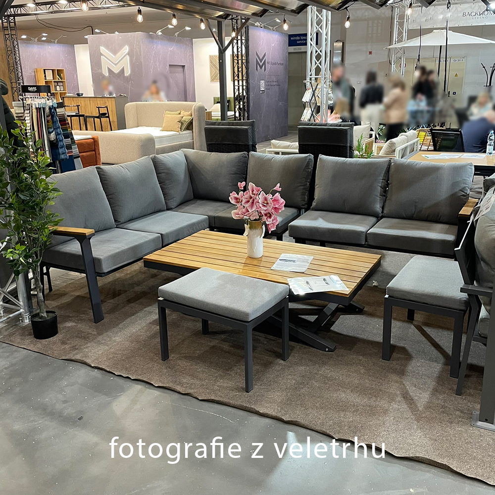 Zahradní sestava k sezení TEVARA | stůl + rohová sedačka + 2x taburet | hliník/teak | polstry v ceně | TEK0411