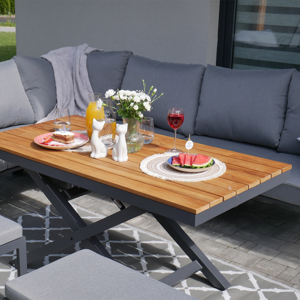 Zahradní sestava k sezení TEVARA | stůl + rohová sedačka + 2x taburet | hliník/teak | polstry v ceně | TEK0411