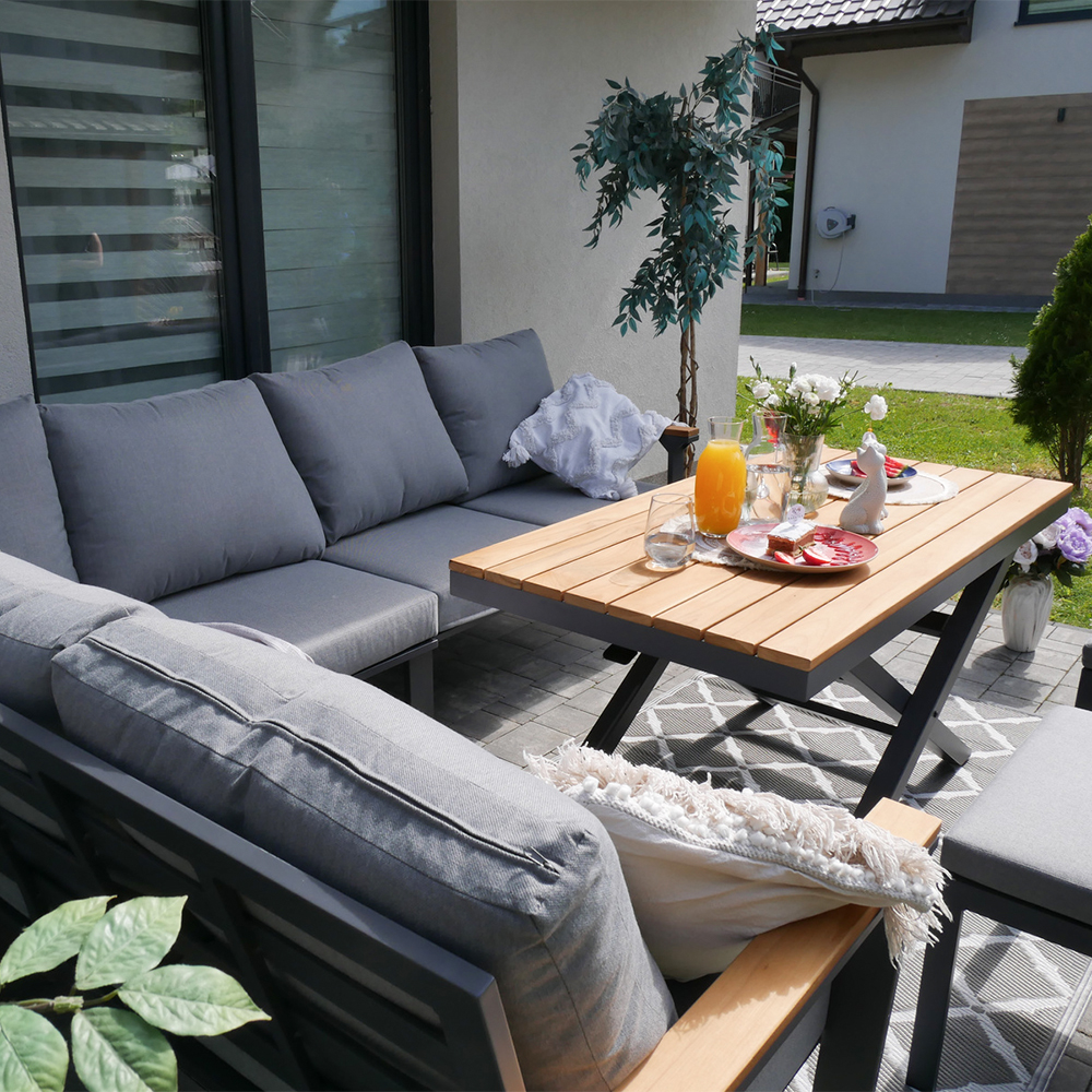 Zahradní sestava k sezení TEVARA | stůl + rohová sedačka + 2x taburet | hliník/teak | polstry v ceně | TEK0411