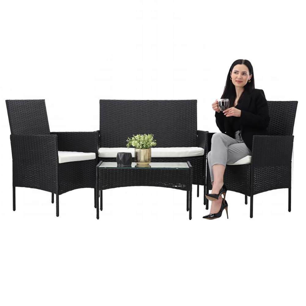 Zahradní sestava k sezení SORINO | stůl + pohovka + 2x křeslo | černá | polstrování v ceně | SAD0849