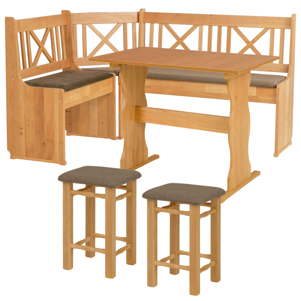 Rohový jídelní set | rohová lavice + stůl + 2x taburet | olše | hnědá látka s EASY CLEAN úpravou