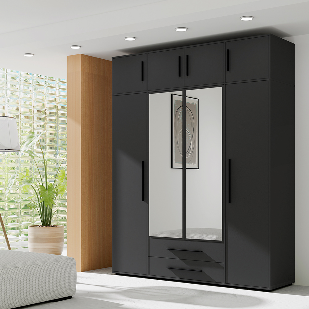 MAXIONE c | šatní skříň SZ4D2SZ + nástavec | se zrcadly | 197,6 cm | černá mat