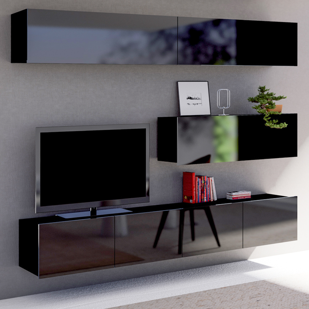 Obývací stěna CALABRINI c | 200 cm | 5 dílů P | černá lesk