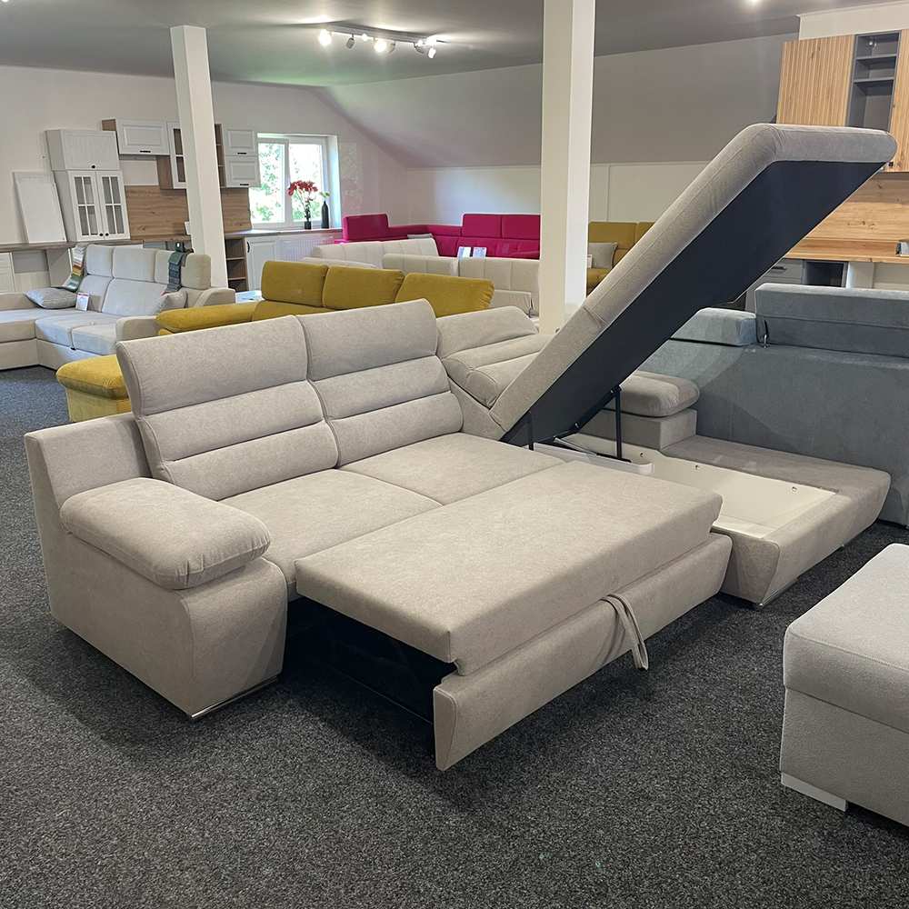 Sedací souprava GRECO MINI | 278x185 cm | PRAVÁ | 02 šedobílá WATER REPELLENT | rozkládací + úložný prostor