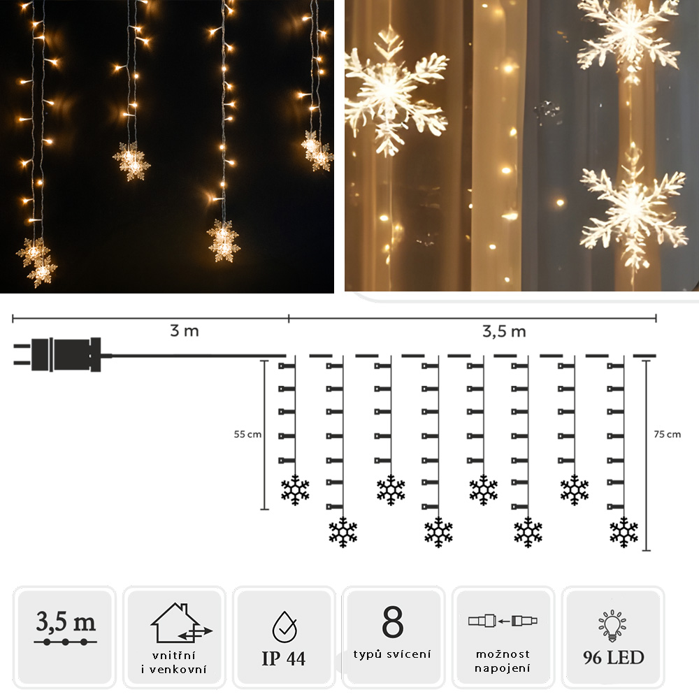 DÁREK | LED světelný řetěz/závěs VLOČKY | teplá bílá | 3+3,5 m