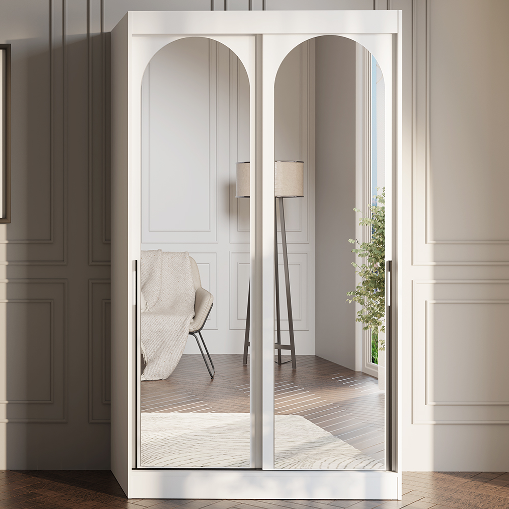 Šatní skříň MODIN | se zrcadlem | 120 cm | bílá/černé úchyty