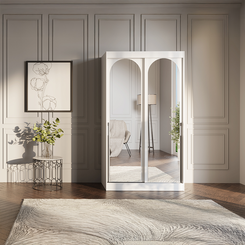 Šatní skříň MODIN | se zrcadlem | 120 cm | bílá/černé úchyty